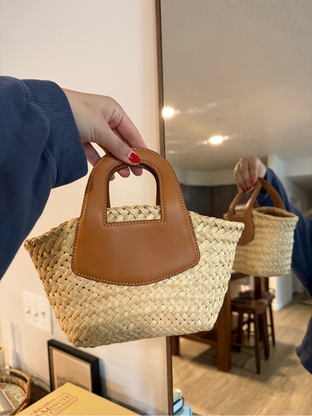 Woven Mini Straw Bag with Tan Leather-Style Handles